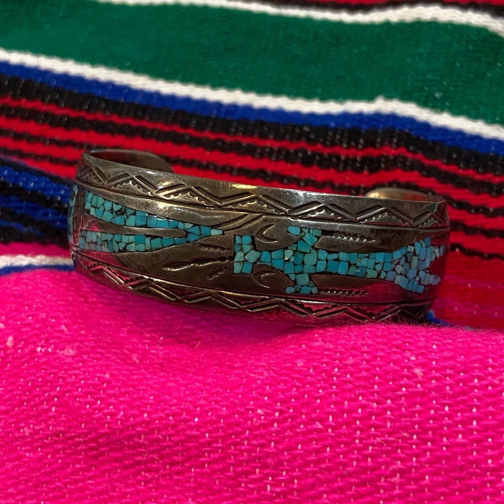J. Nezzie Turquoise Chip Inlay Native American Bracelet